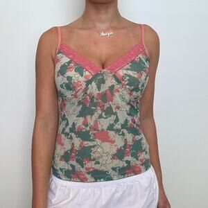 Green & Peach Pink Camo Sheer Camisole w/ Lace Trim